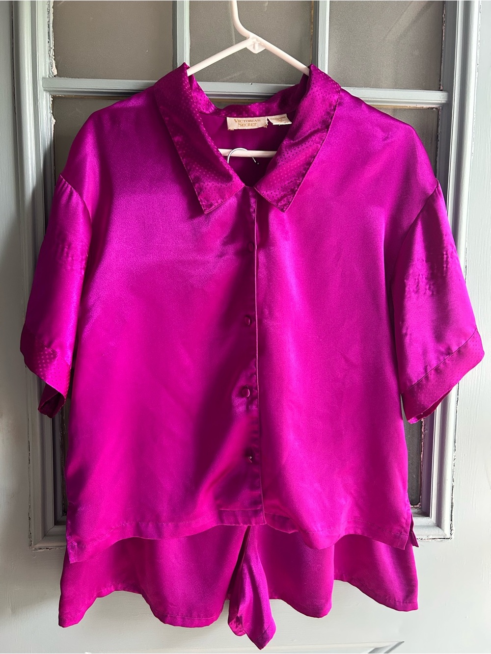Vintage Victoria's Secret Gold Label Satin Pajama Set Polka Dot Vivid Magenta S - Picture 1 of 9